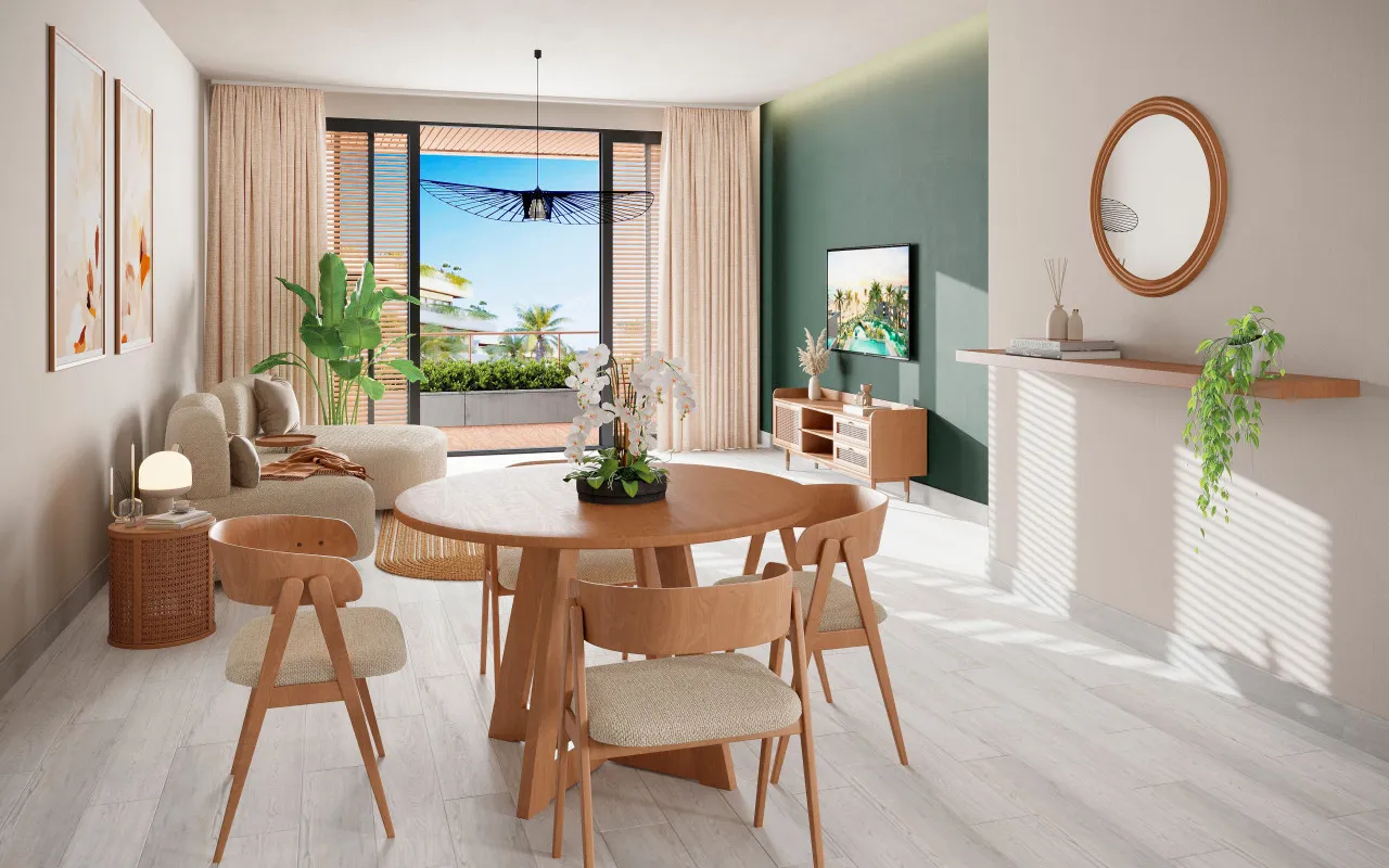 Invierta en un paraíso residencial con piscinas, naturaleza y comodidades de lujo a solo minutos de Playa Bávaro. Apartamentos completamente amueblados.